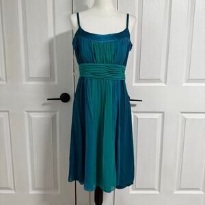 Sangria Women's Blue Green 100%Silk Pleated Sleeveless Dress Size 10